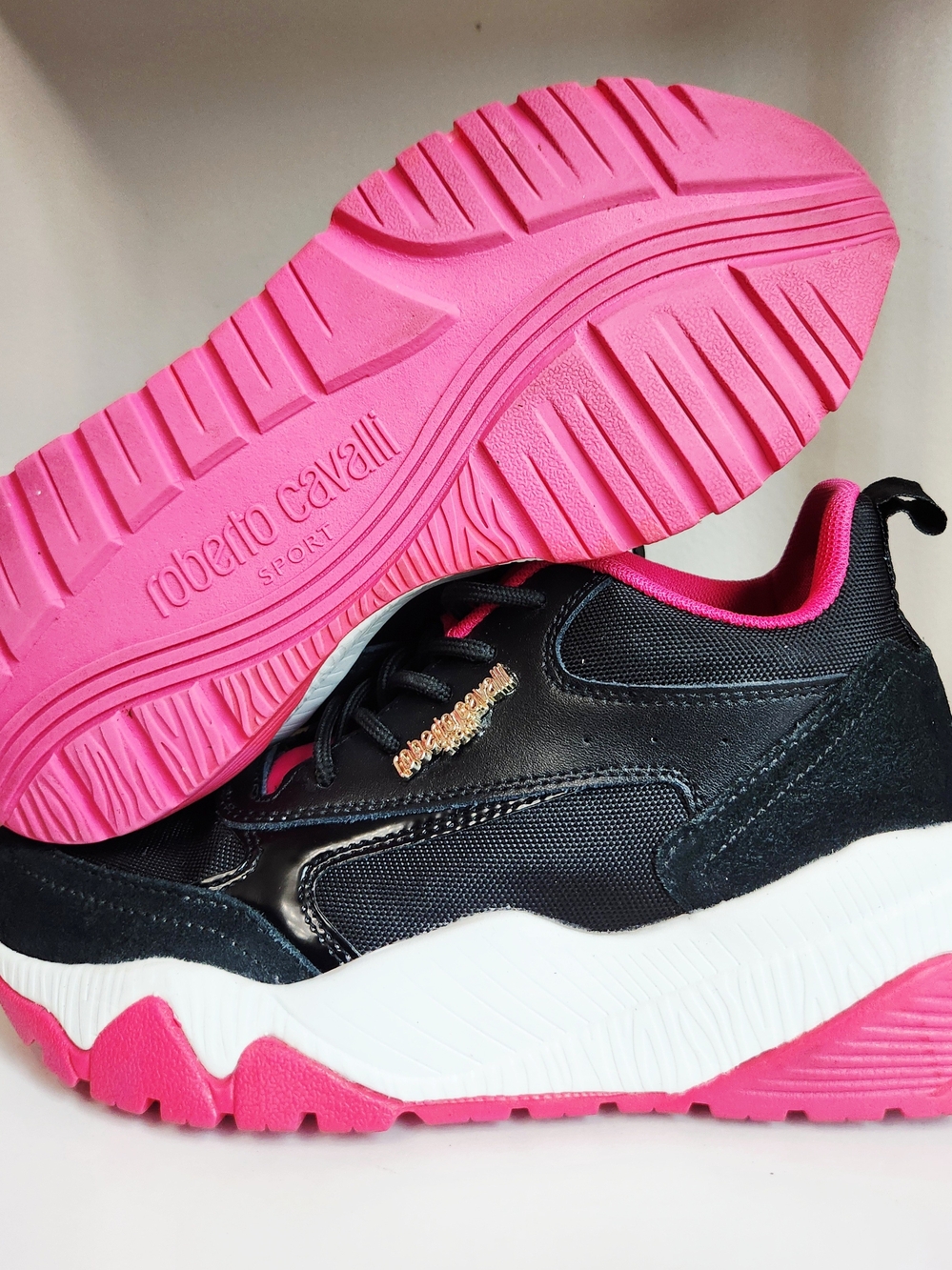 Roberto Cavalli Women’s Black & Hot Pink Chunky Sneaker